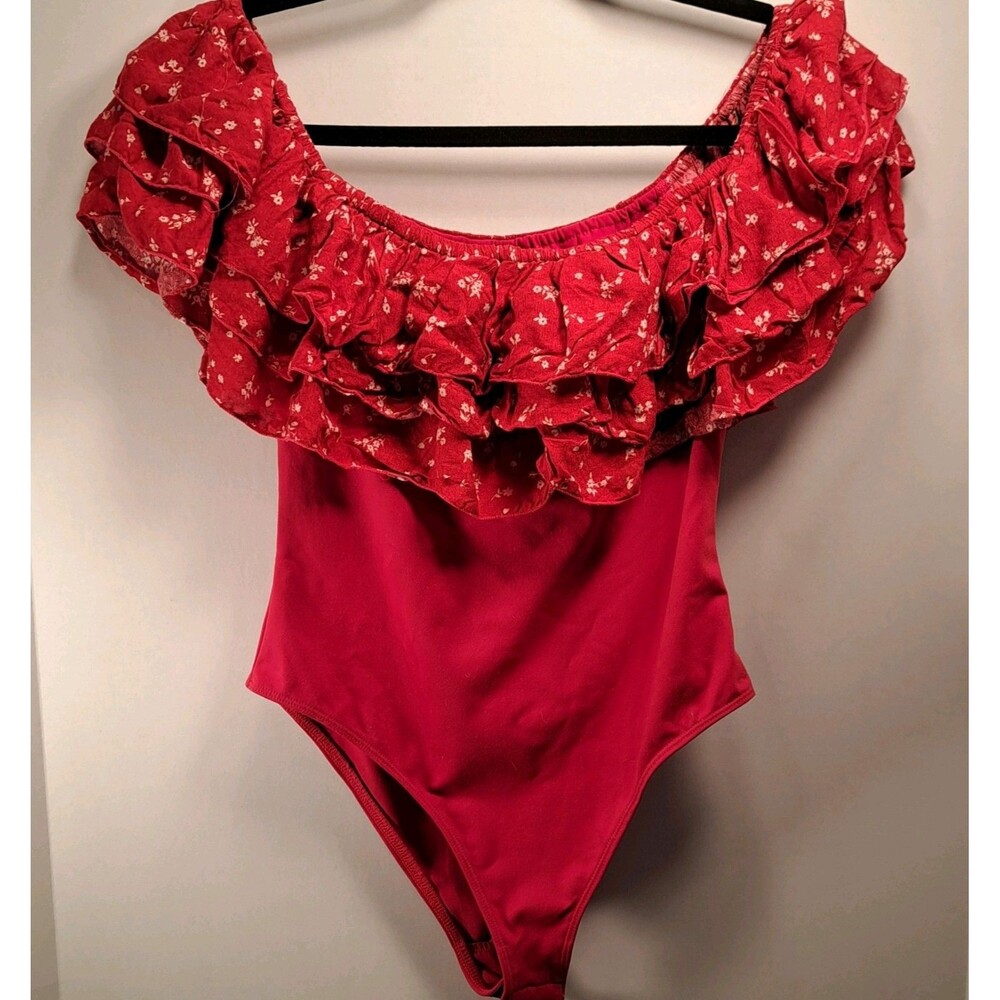 Free People Intimately Womens Red Ruffle On/Off Shoulder Body Suit Size Small - Picture 2 of 8